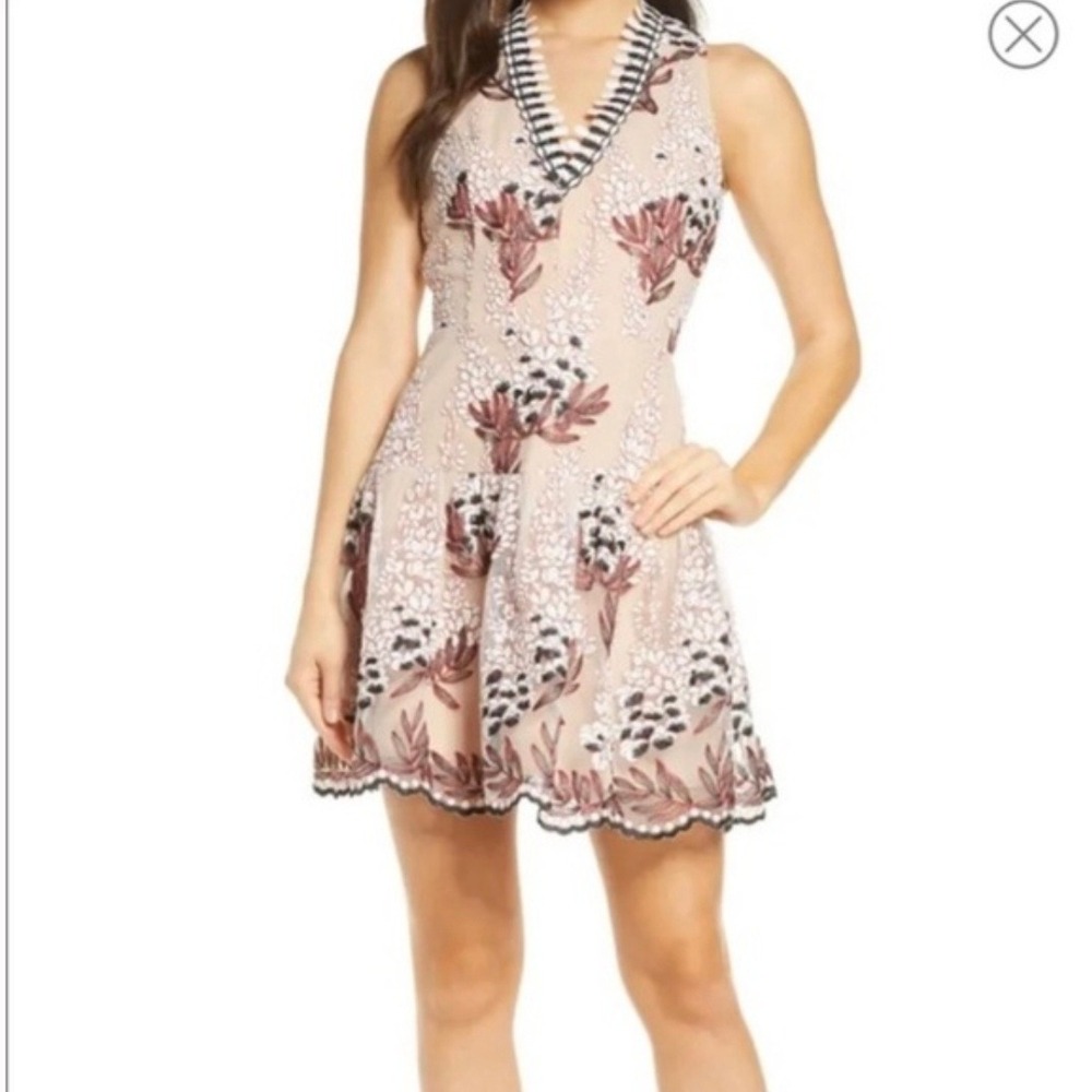 Harlyn Floral Embroidered Mesh V-Neck Fit & Flare Dress Size Large